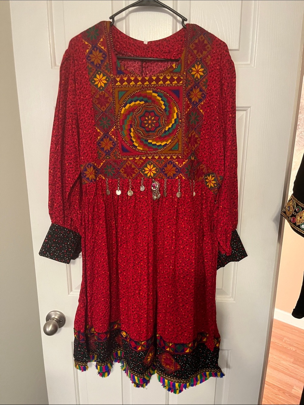 Red Embroidered Boho Maxi Dress with Tassel Trim